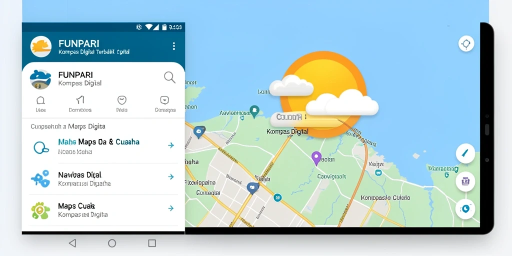 Antarmuka pengguna FUNPARI memperlihatkan fungsi kompas digital dengan jelas.
