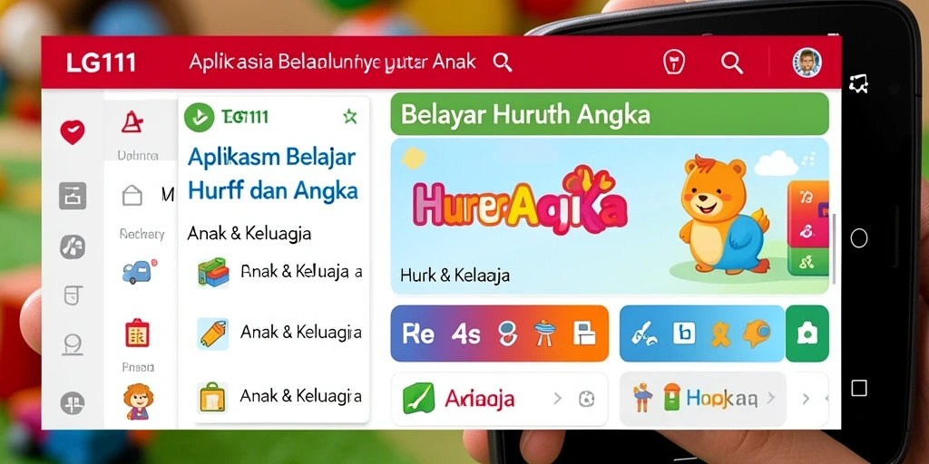 Tampilan antarmuka aplikasi LG111 yang ramah anak dalam belajar huruf dan angka.
