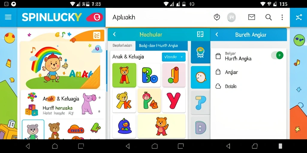 Tampilan antarmuka SPINLUCKY untuk belajar huruf dan angka.