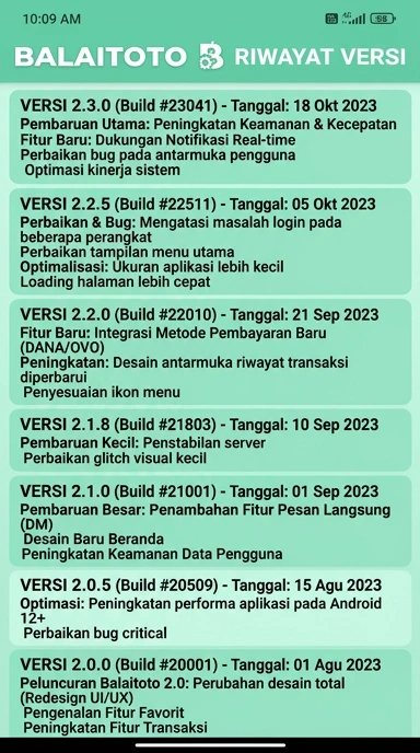 Tampilan riwayat versi balaitoto